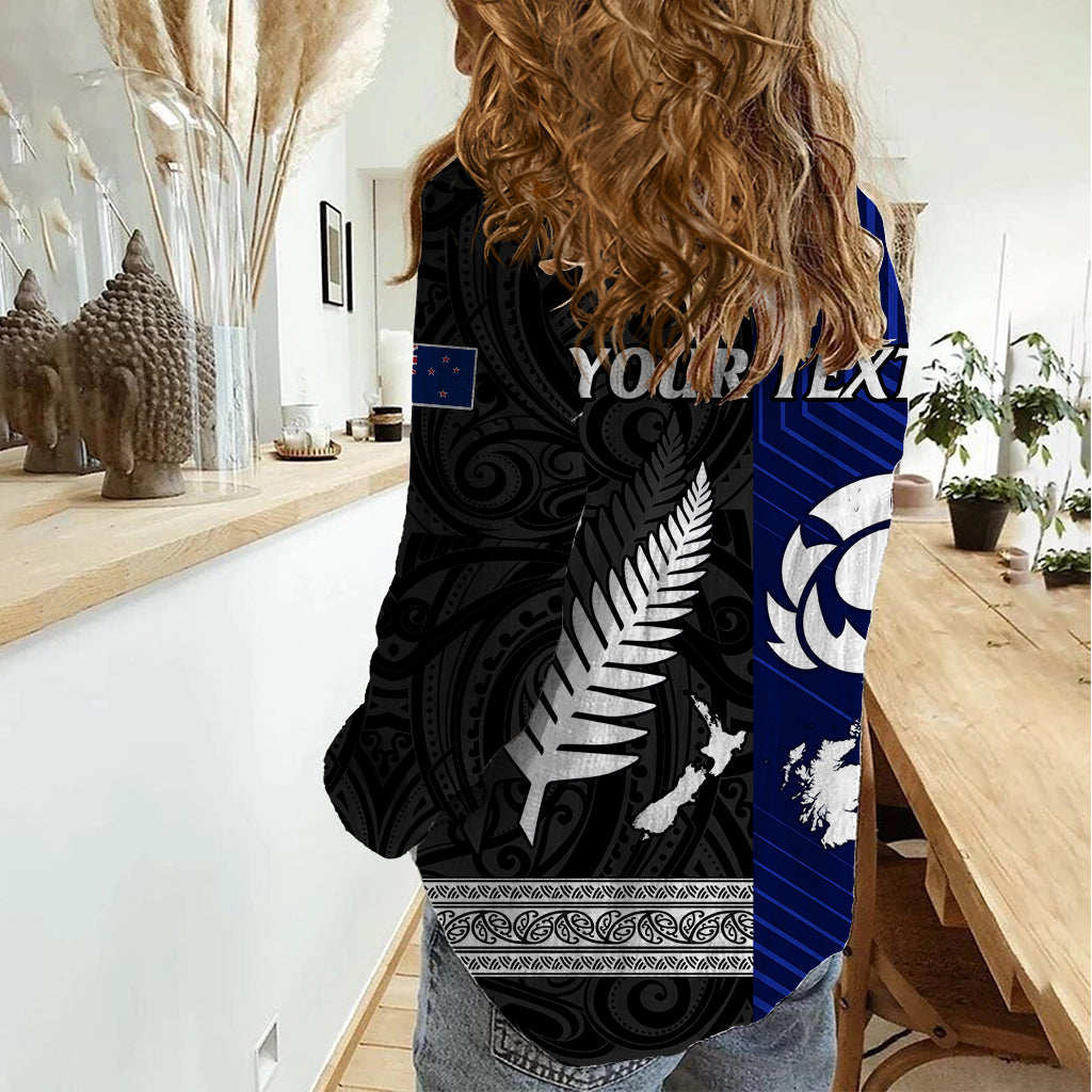 Personalised New Zealand and Scotland Rugby Women Casual Shirt All Black Maori With Thistle Together - Vibe Hoodie Shop
