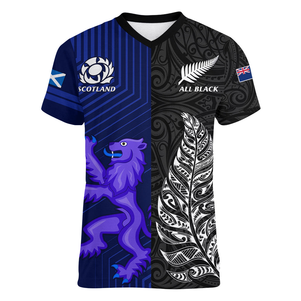Personalised New Zealand and Scotland Rugby Women V Neck T Shirt All Black Maori With Thistle Together - Vibe Hoodie Shop