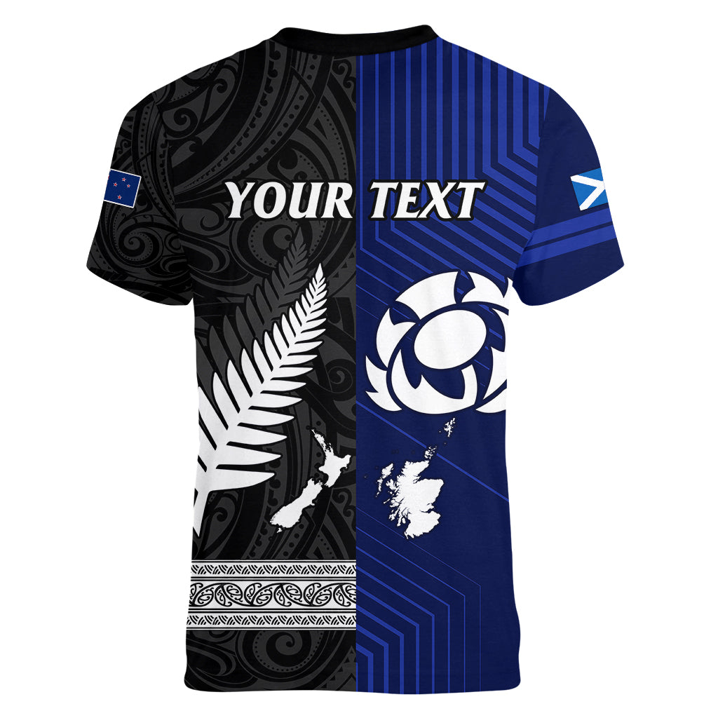 Personalised New Zealand and Scotland Rugby Women V Neck T Shirt All Black Maori With Thistle Together - Vibe Hoodie Shop