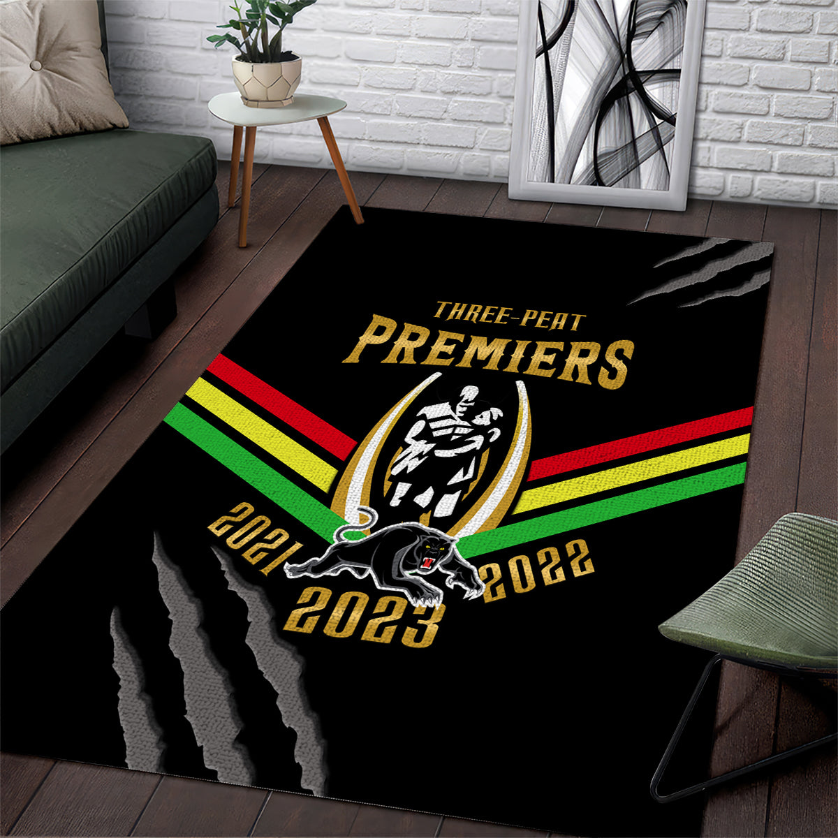 NRL Panthers Area Rug Premiers 2023 Three Peat Proud Of Our Boys Black - Vibe Hoodie Shop