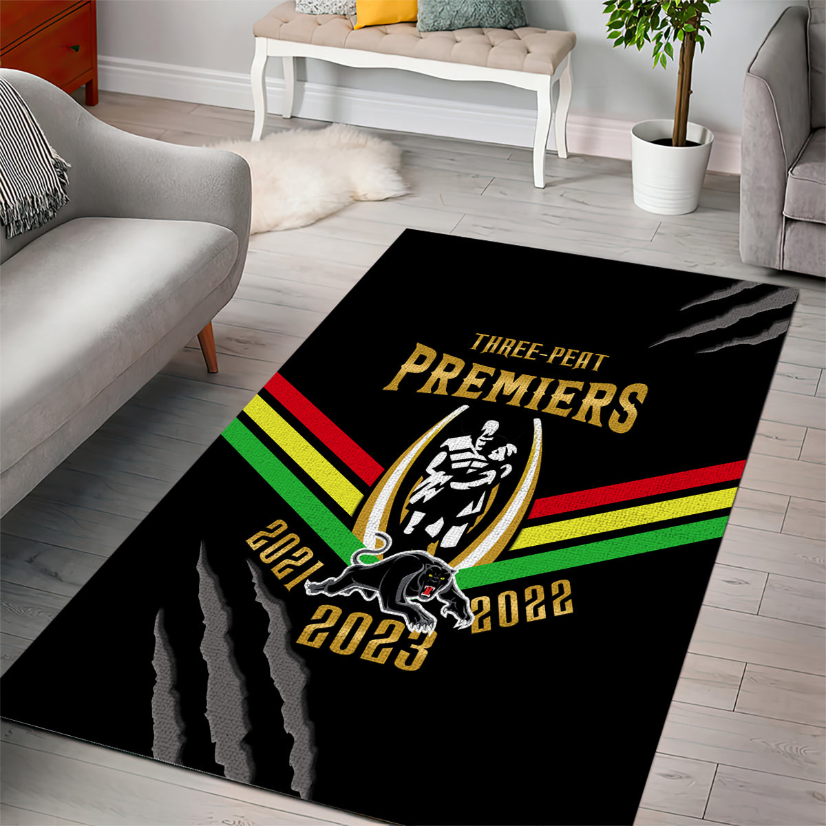 NRL Panthers Area Rug Premiers 2023 Three Peat Proud Of Our Boys Black - Vibe Hoodie Shop