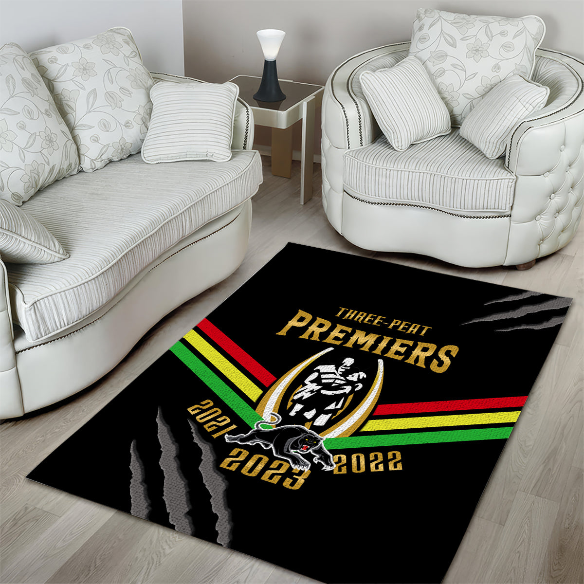 NRL Panthers Area Rug Premiers 2023 Three Peat Proud Of Our Boys Black - Vibe Hoodie Shop