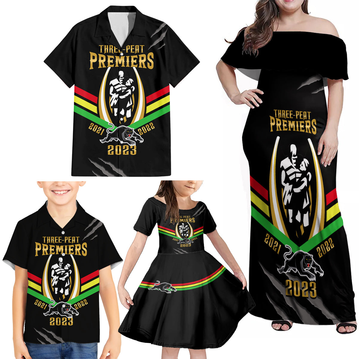 nrl-panthers-family-matching-off-shoulder-maxi-dress-and-hawaiian-shirt-premiers-2023-three-peat-proud-of-our-boys-black