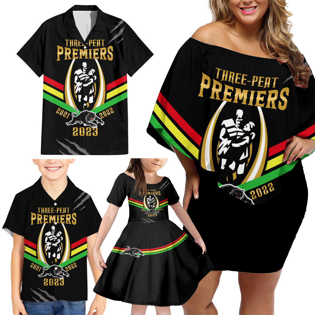 nrl-panthers-family-matching-off-shoulder-short-dress-and-hawaiian-shirt-premiers-2023-three-peat-proud-of-our-boys-black
