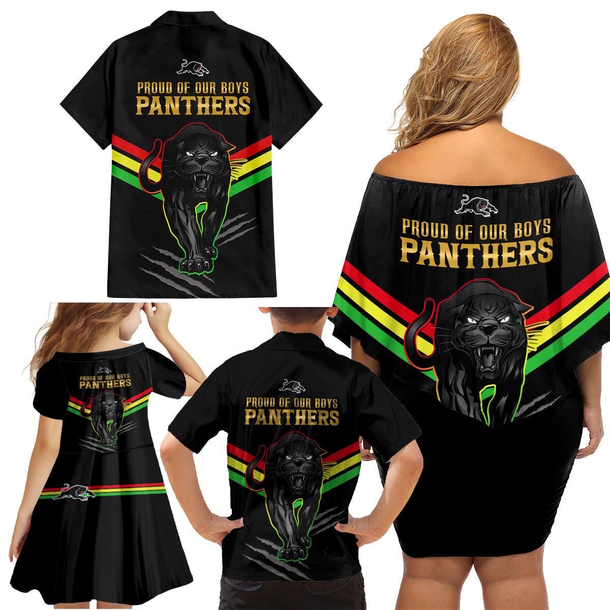 nrl-panthers-family-matching-off-shoulder-short-dress-and-hawaiian-shirt-premiers-2023-three-peat-proud-of-our-boys-black