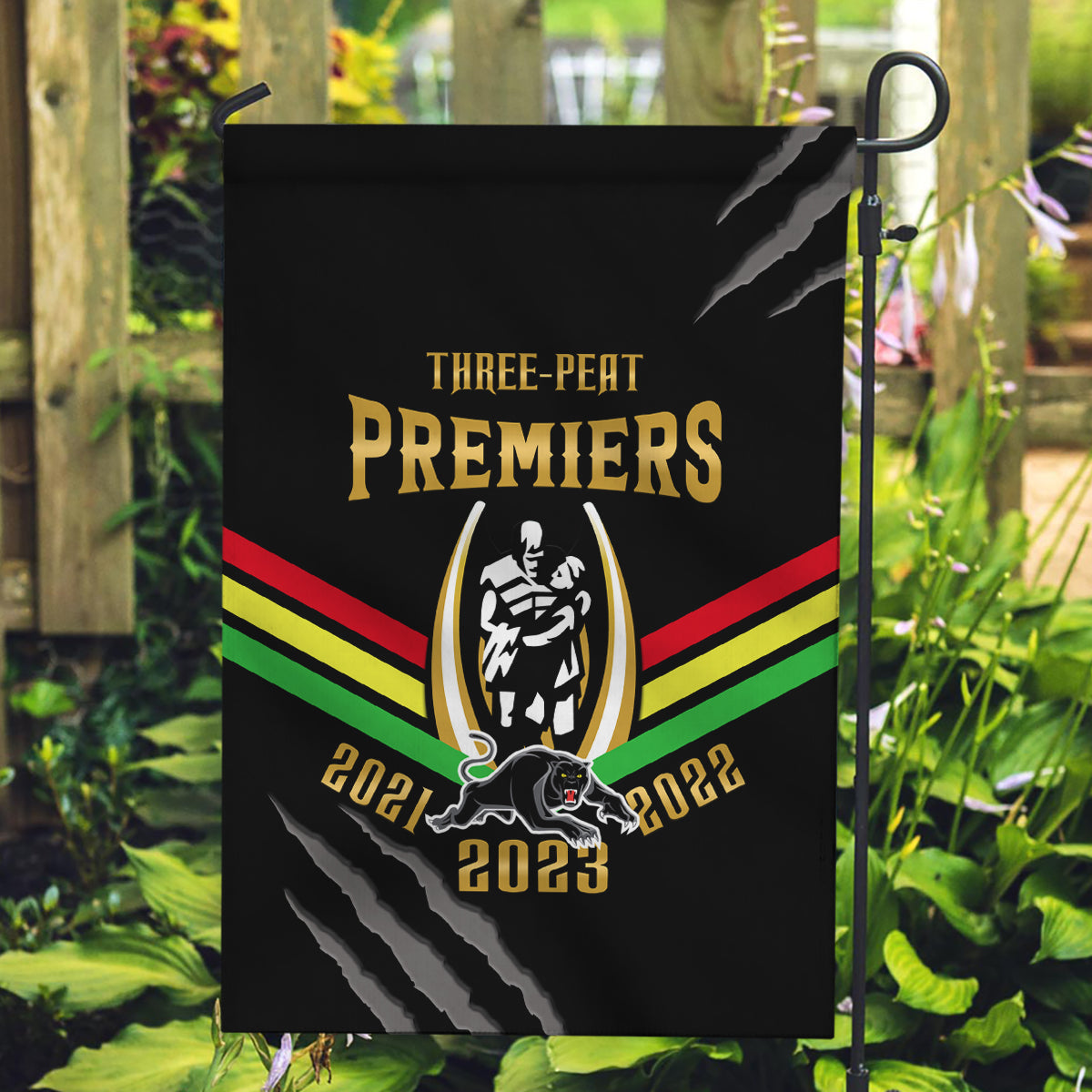 NRL Panthers Garden Flag Premiers 2023 Three Peat Proud Of Our Boys Black - Vibe Hoodie Shop