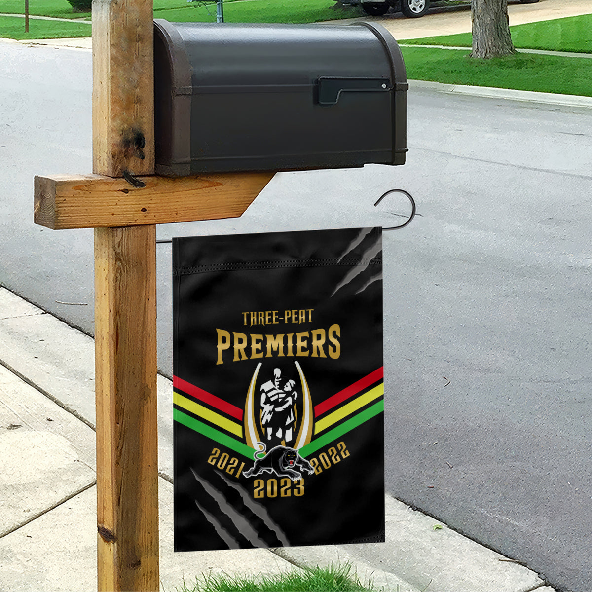 NRL Panthers Garden Flag Premiers 2023 Three Peat Proud Of Our Boys Black - Vibe Hoodie Shop