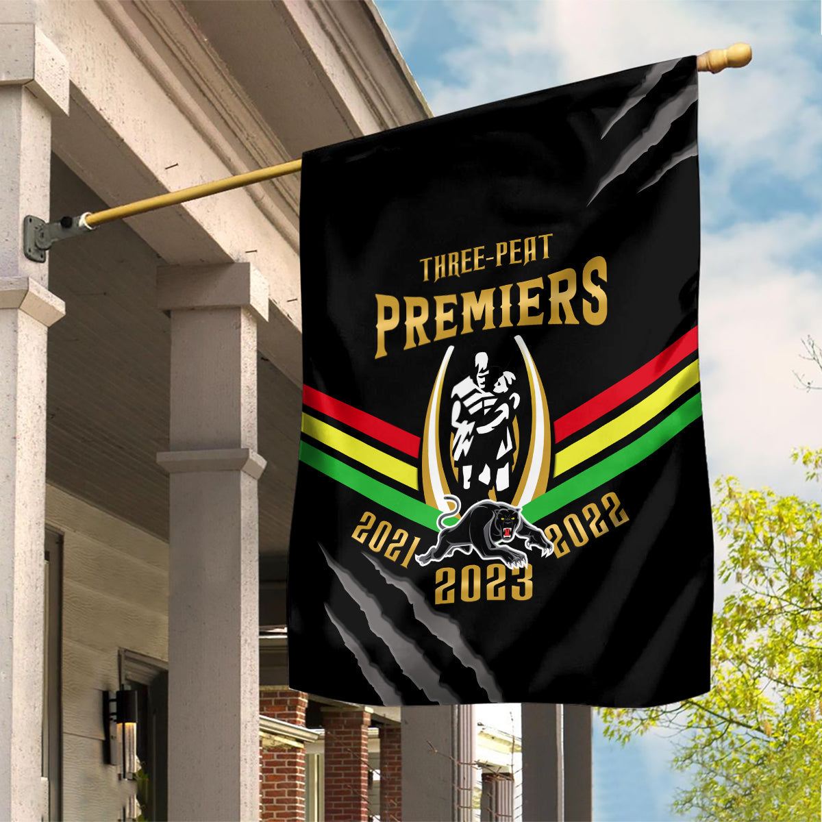 NRL Panthers Garden Flag Premiers 2023 Three Peat Proud Of Our Boys Black - Vibe Hoodie Shop
