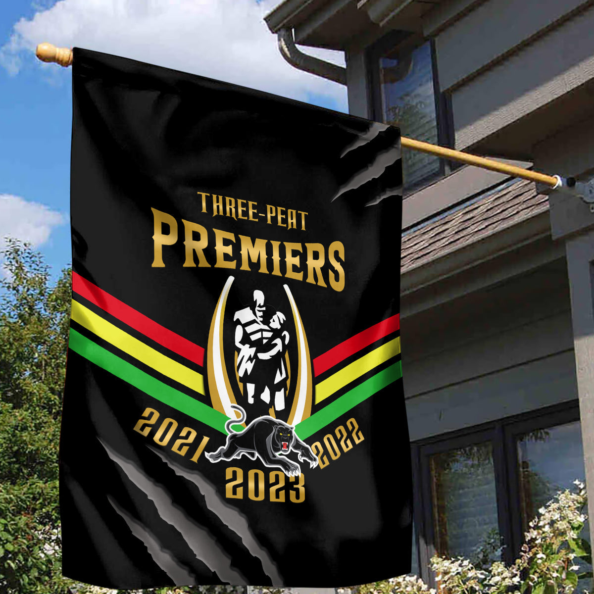NRL Panthers Garden Flag Premiers 2023 Three Peat Proud Of Our Boys Black - Vibe Hoodie Shop