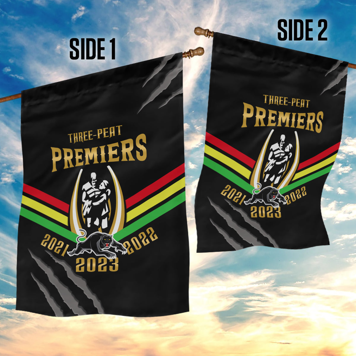 NRL Panthers Garden Flag Premiers 2023 Three Peat Proud Of Our Boys Black - Vibe Hoodie Shop