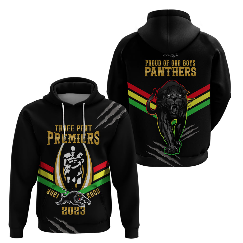 NRL Panthers Hoodie Premiers 2023 Three Peat Proud Of Our Boys Black - Vibe Hoodie Shop