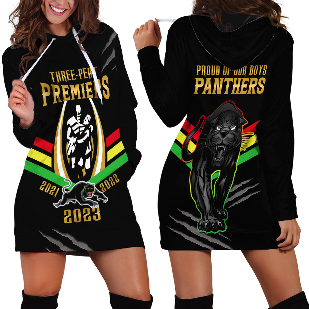 NRL Panthers Hoodie Dress Premiers 2023 Three Peat Proud Of Our Boys Black - Vibe Hoodie Shop