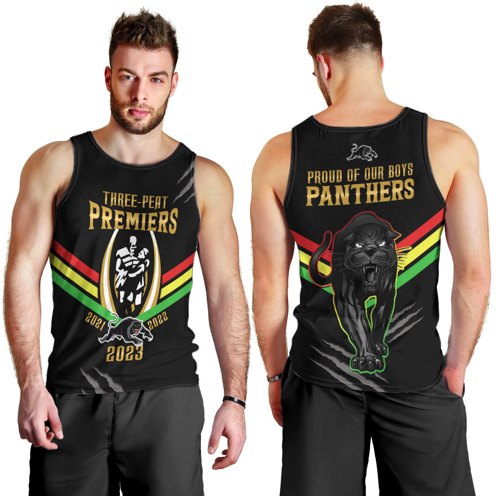 NRL Panthers Men Tank Top Premiers 2023 Three Peat Proud Of Our Boys Black - Vibe Hoodie Shop