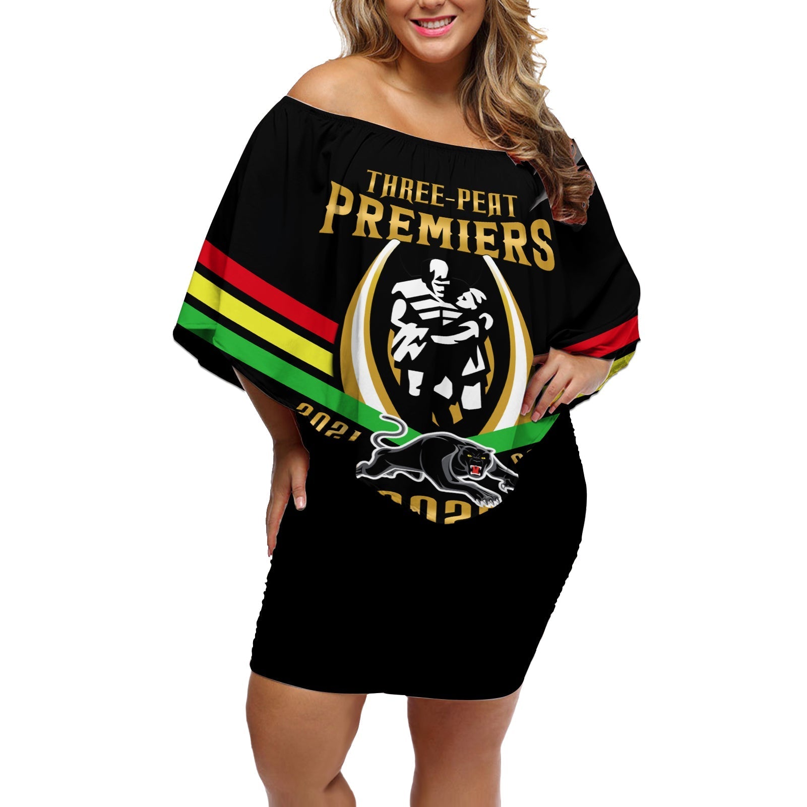 nrl-panthers-off-shoulder-short-dress-premiers-2023-three-peat-proud-of-our-boys-black