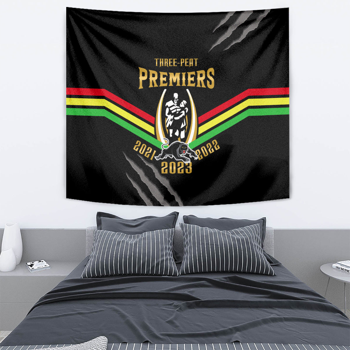 NRL Panthers Tapestry Premiers 2023 Three Peat Proud Of Our Boys Black - Vibe Hoodie Shop