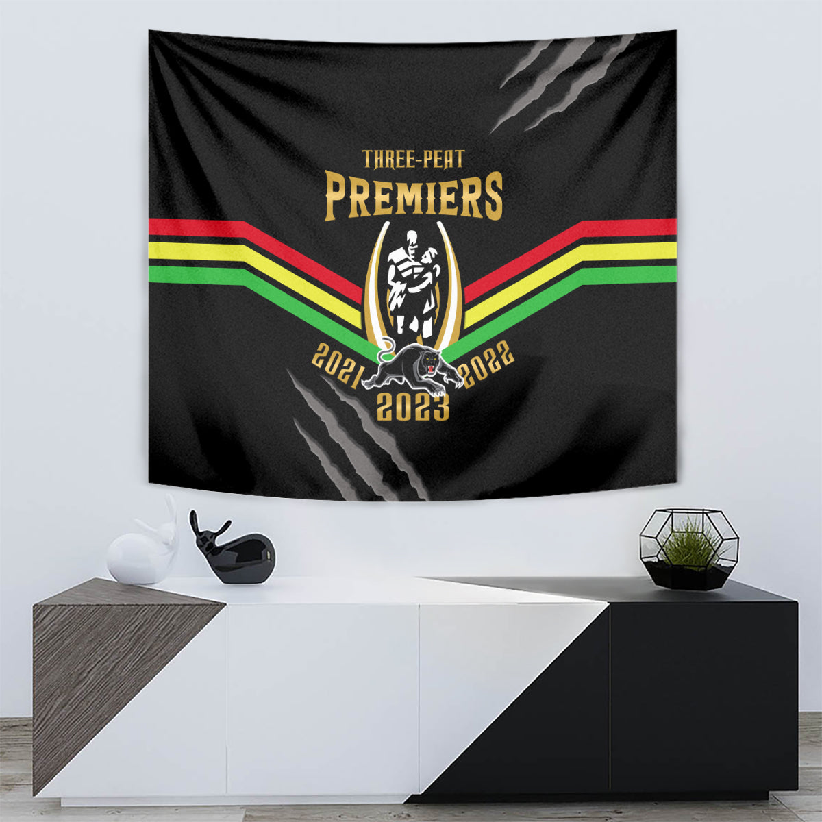 NRL Panthers Tapestry Premiers 2023 Three Peat Proud Of Our Boys Black - Vibe Hoodie Shop