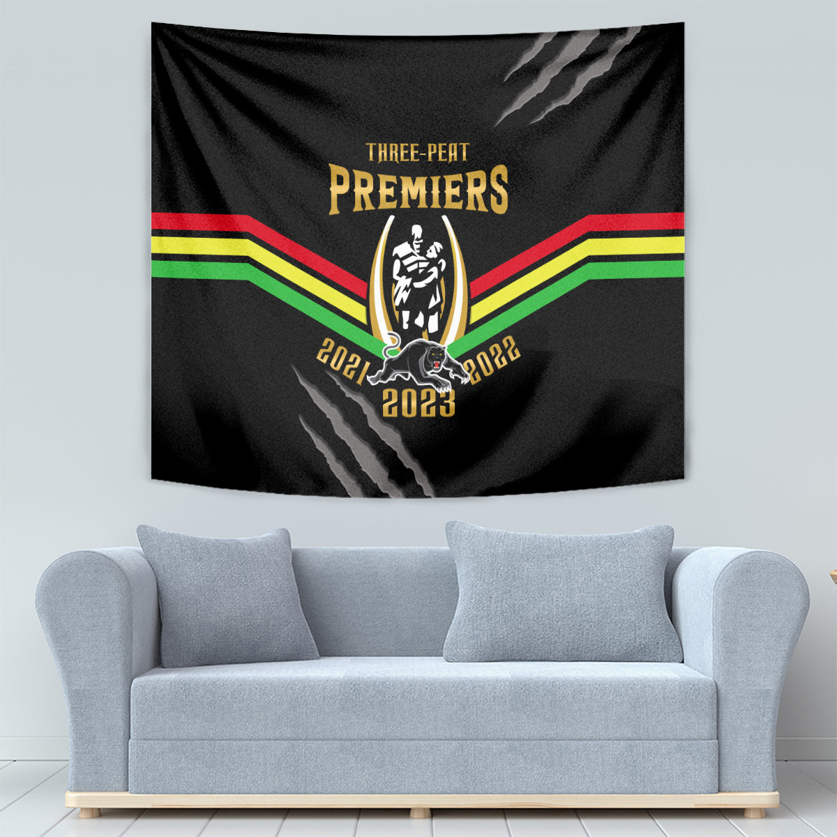 NRL Panthers Tapestry Premiers 2023 Three Peat Proud Of Our Boys Black - Vibe Hoodie Shop