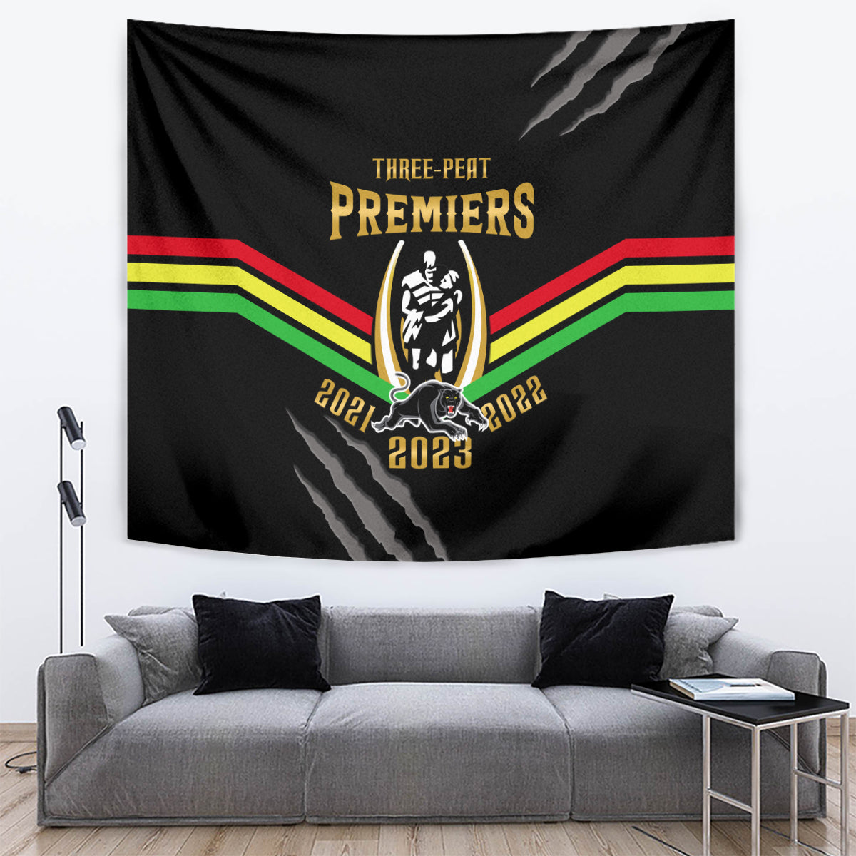 NRL Panthers Tapestry Premiers 2023 Three Peat Proud Of Our Boys Black - Vibe Hoodie Shop