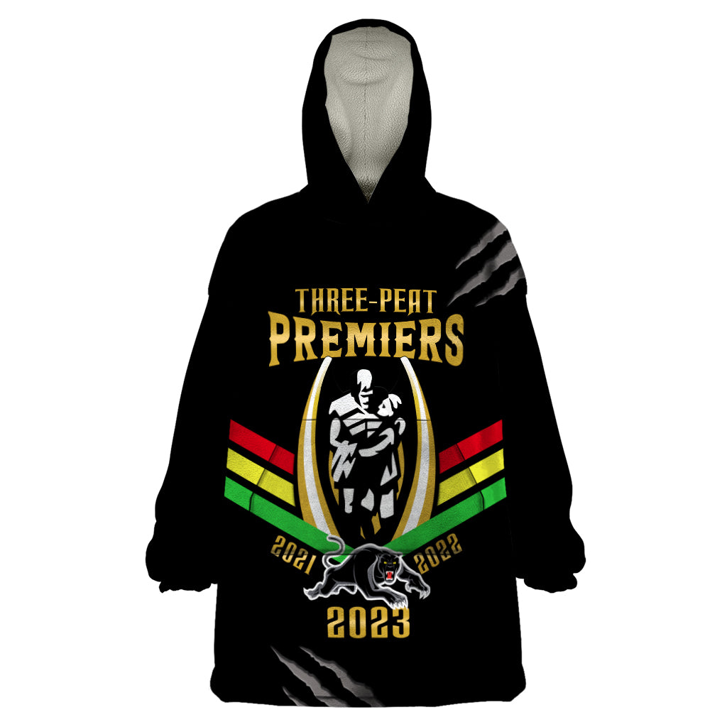 NRL Panthers Wearable Blanket Hoodie Premiers 2023 Three Peat Proud Of Our Boys Black - Vibe Hoodie Shop