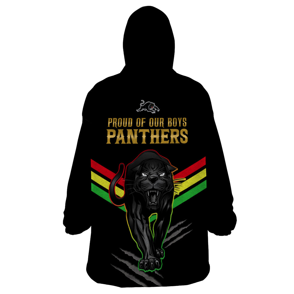 NRL Panthers Wearable Blanket Hoodie Premiers 2023 Three Peat Proud Of Our Boys Black - Vibe Hoodie Shop