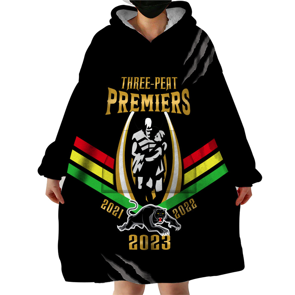 NRL Panthers Wearable Blanket Hoodie Premiers 2023 Three Peat Proud Of Our Boys Black - Vibe Hoodie Shop