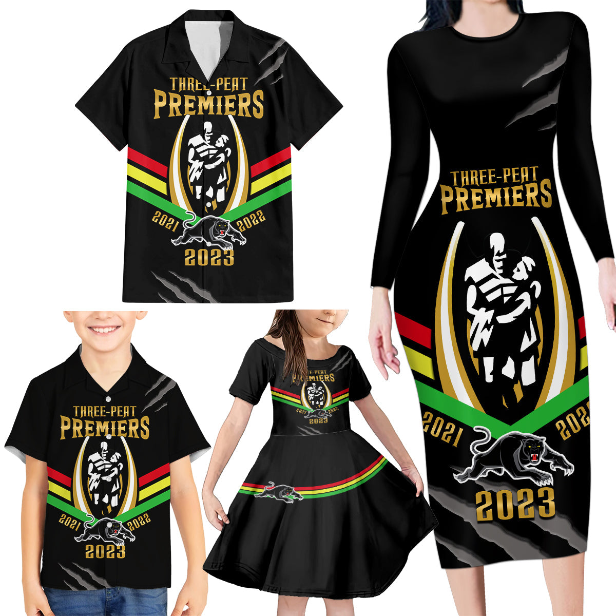 personalised-nrl-panthers-family-matching-long-sleeve-bodycon-dress-and-hawaiian-shirt-premiers-2023-three-peat-proud-of-our-boys-black