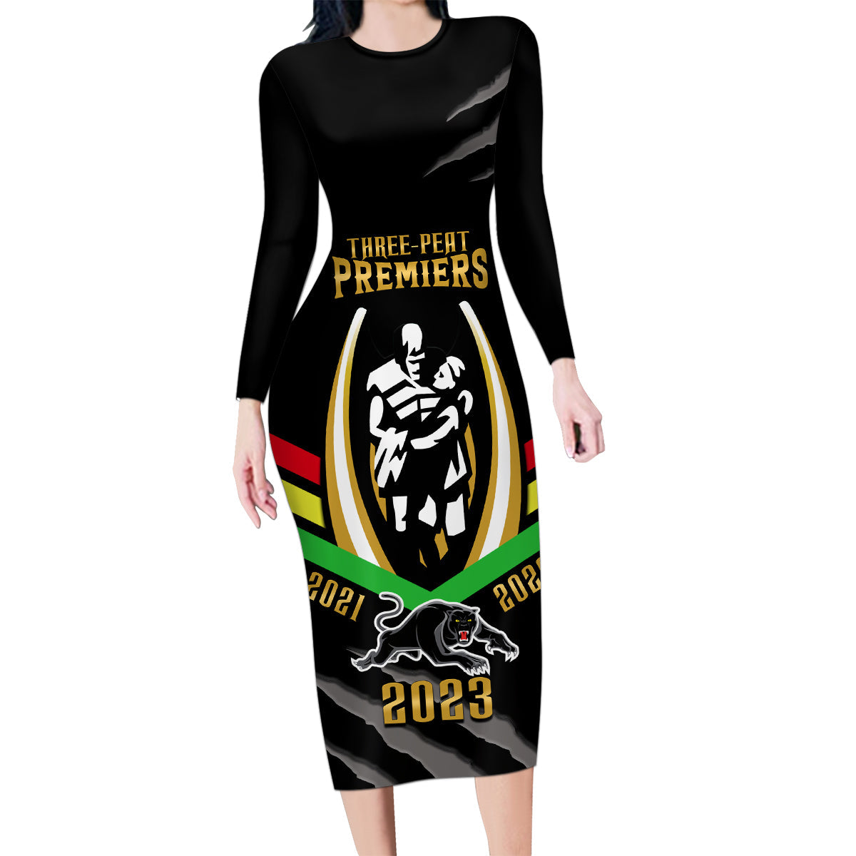 personalised-nrl-panthers-family-matching-long-sleeve-bodycon-dress-and-hawaiian-shirt-premiers-2023-three-peat-proud-of-our-boys-black