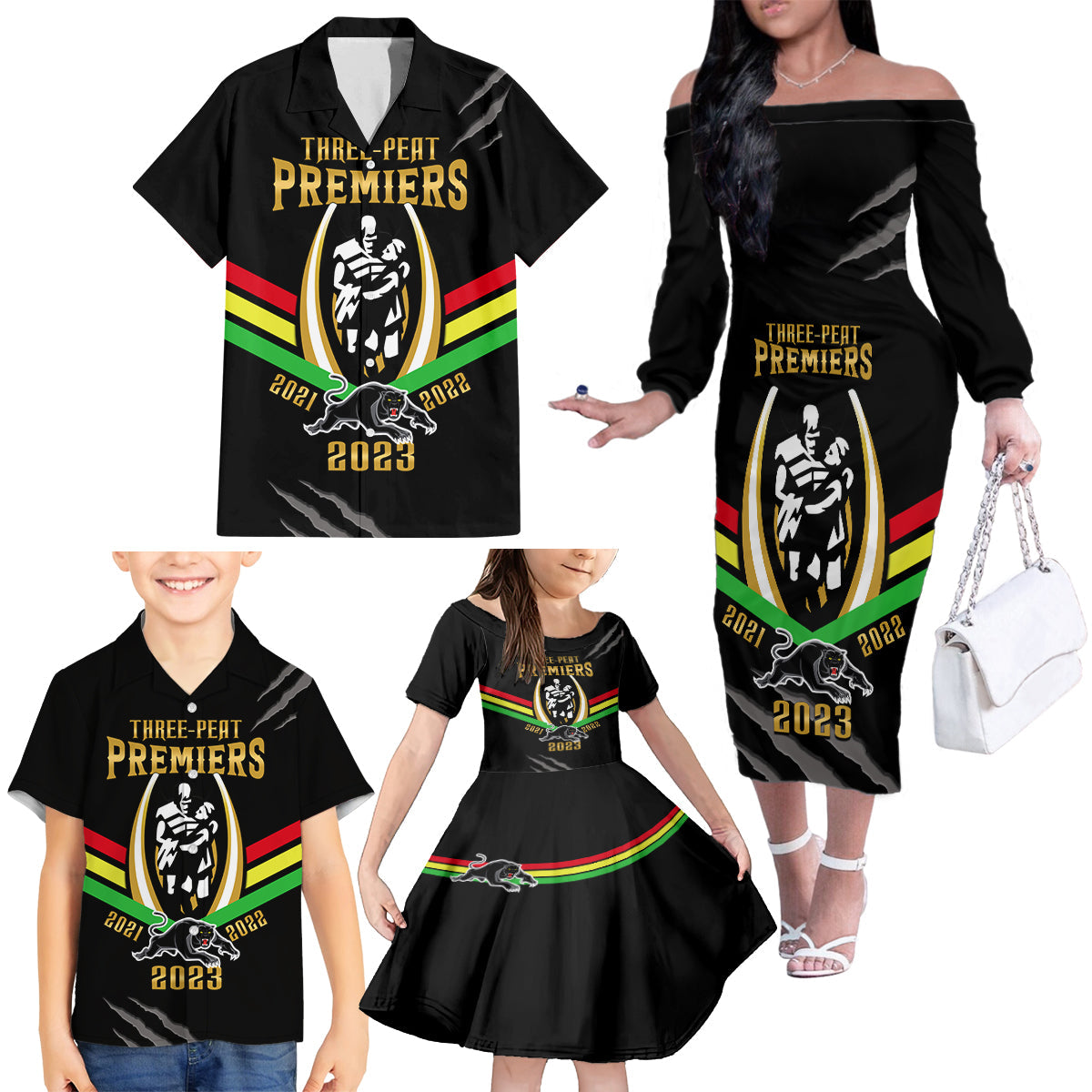 personalised-nrl-panthers-family-matching-off-shoulder-long-sleeve-dress-and-hawaiian-shirt-premiers-2023-three-peat-proud-of-our-boys-black
