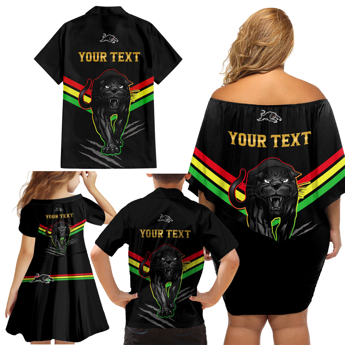 personalised-nrl-panthers-family-matching-off-shoulder-short-dress-and-hawaiian-shirt-premiers-2023-three-peat-proud-of-our-boys-black