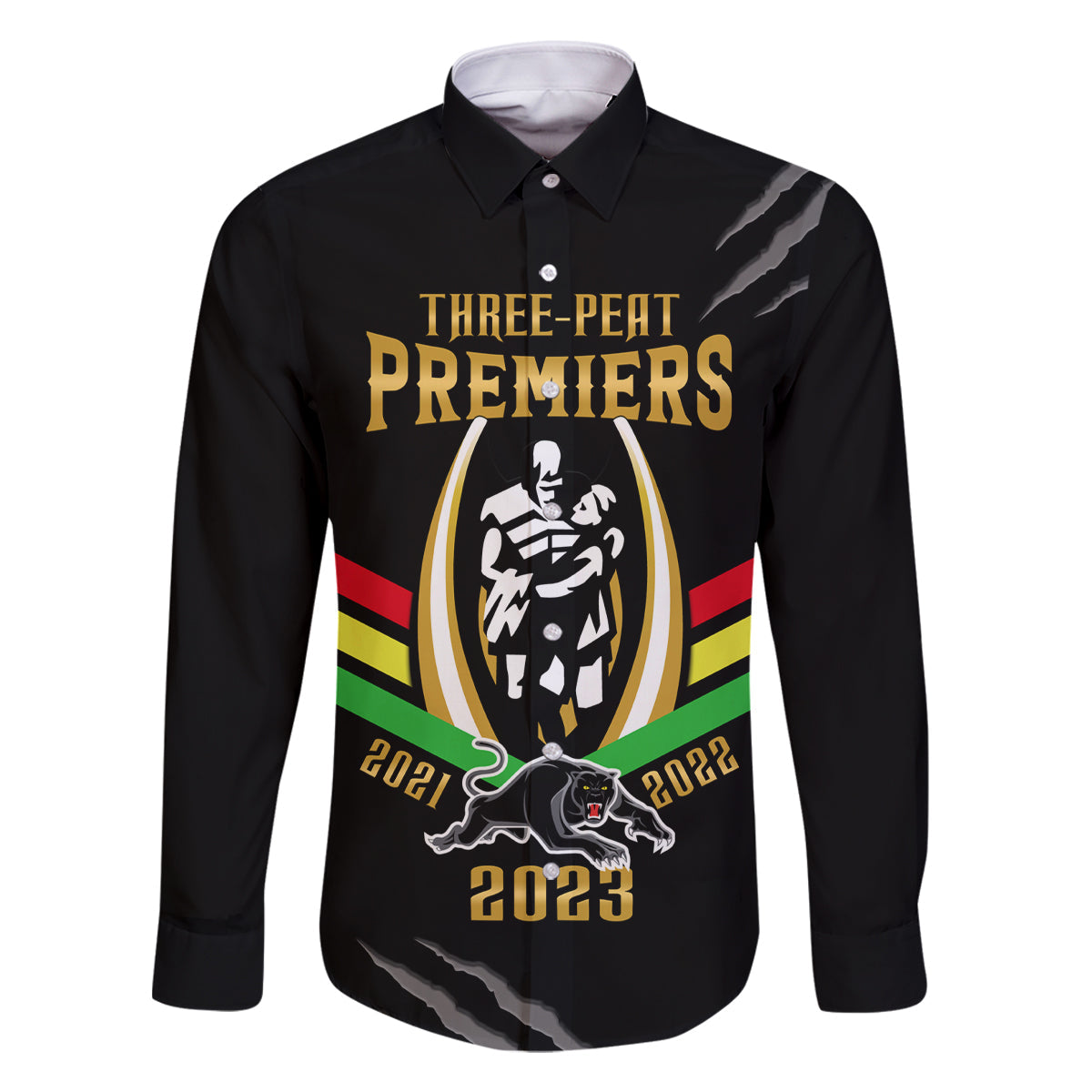 personalised-nrl-panthers-family-matching-off-shoulder-short-dress-and-hawaiian-shirt-premiers-2023-three-peat-proud-of-our-boys-black