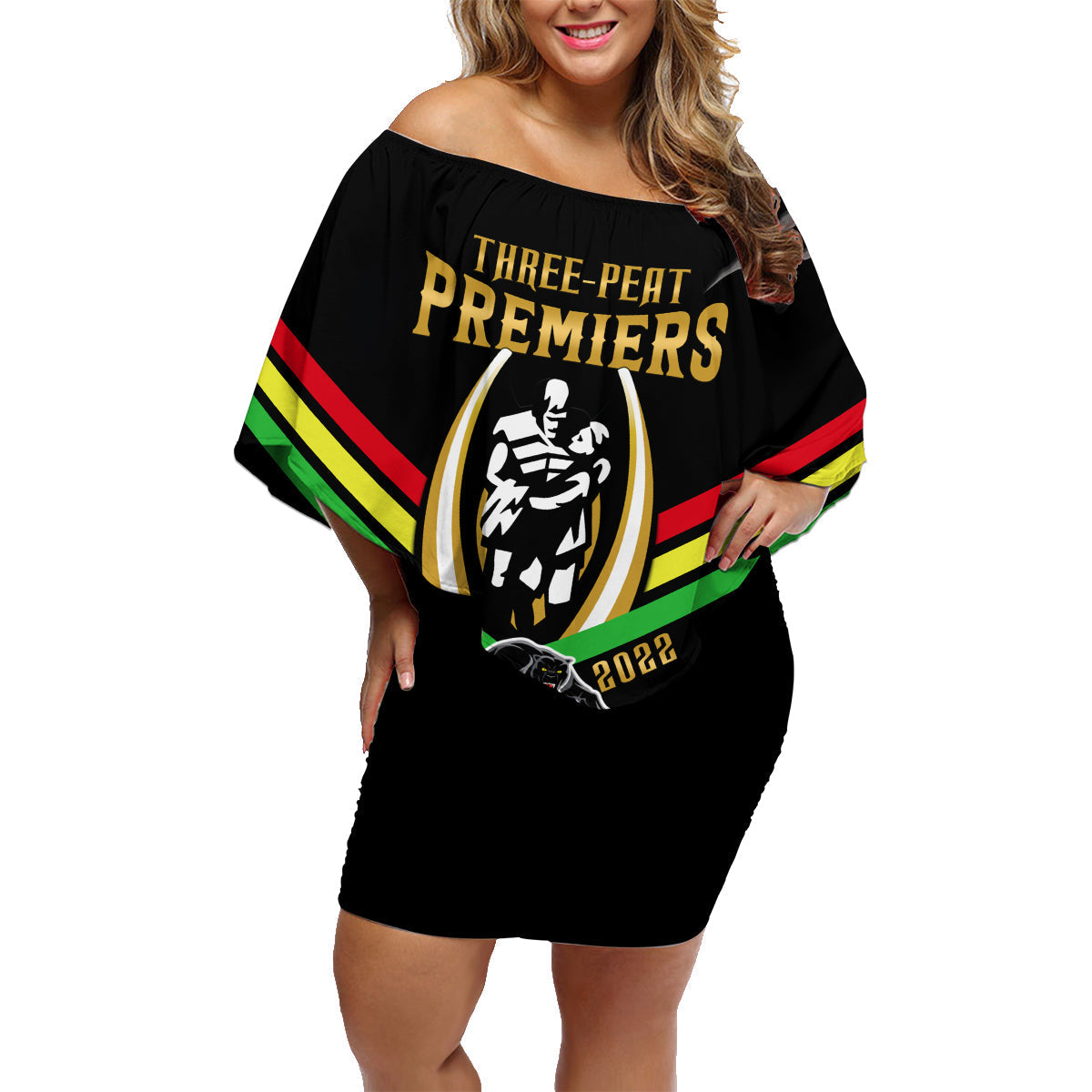personalised-nrl-panthers-family-matching-off-shoulder-short-dress-and-hawaiian-shirt-premiers-2023-three-peat-proud-of-our-boys-black