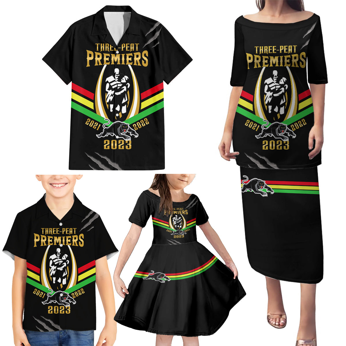 personalised-nrl-panthers-family-matching-puletasi-dress-and-hawaiian-shirt-premiers-2023-three-peat-proud-of-our-boys-black