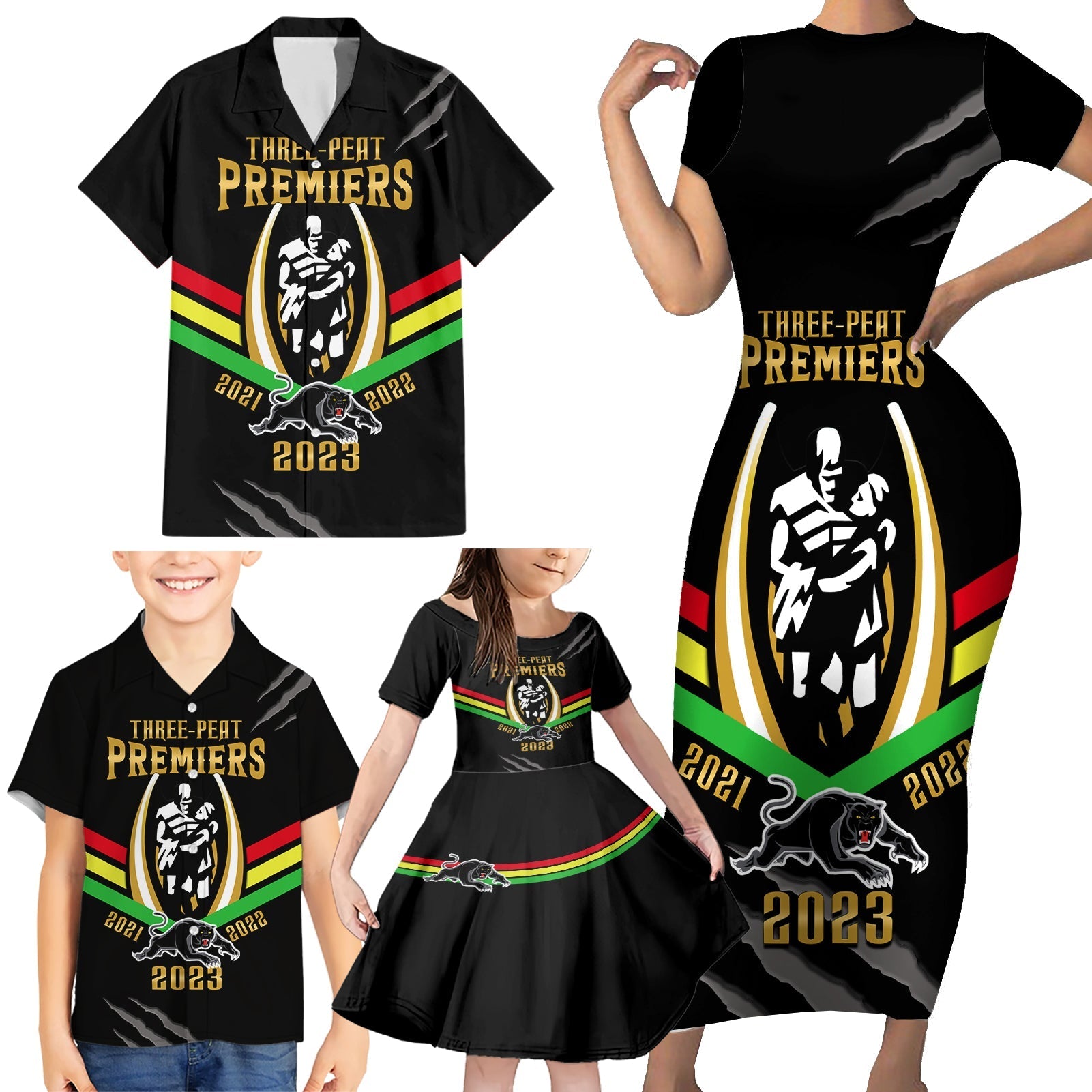 personalised-nrl-panthers-family-matching-short-sleeve-bodycon-dress-and-hawaiian-shirt-premiers-2023-three-peat-proud-of-our-boys-black