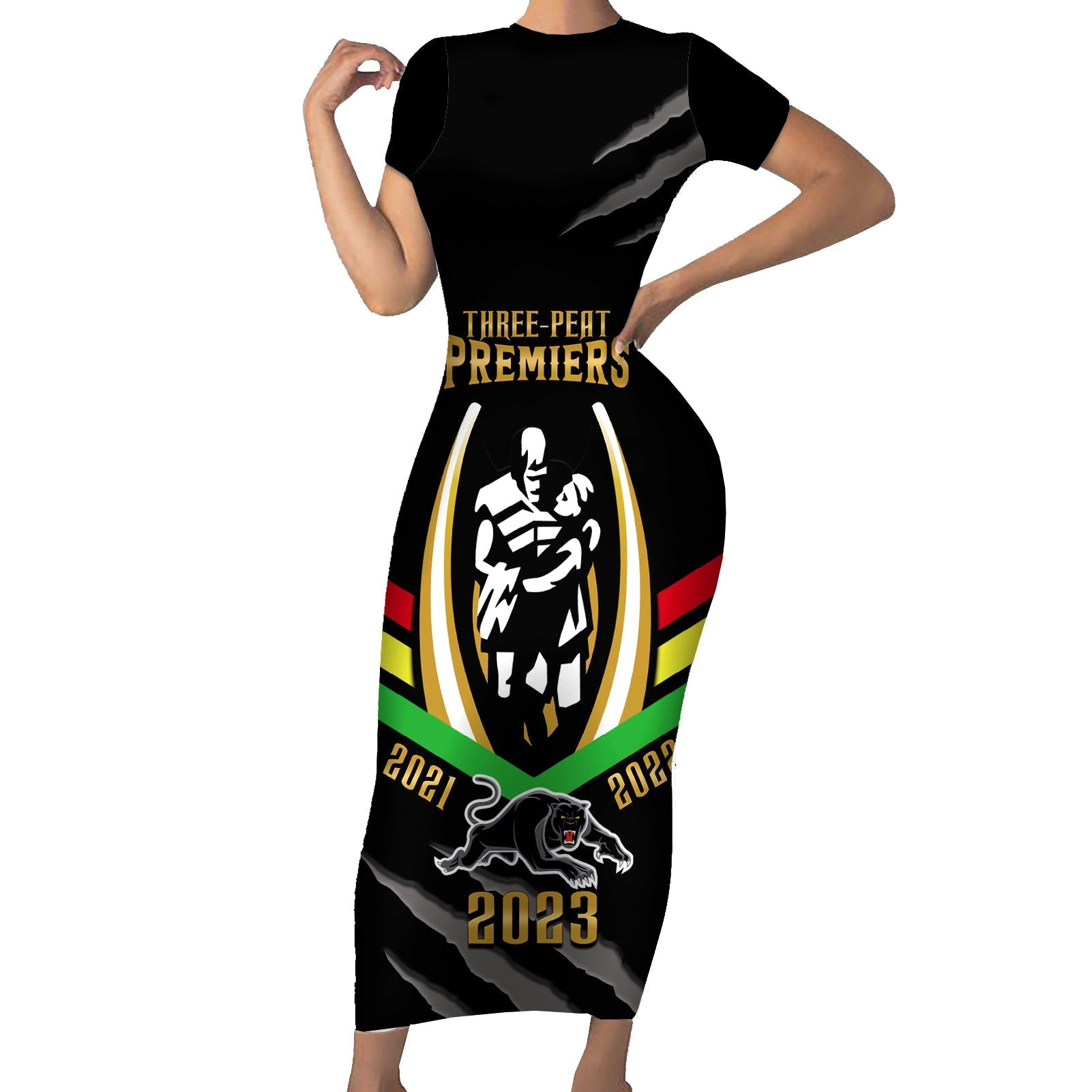 personalised-nrl-panthers-family-matching-short-sleeve-bodycon-dress-and-hawaiian-shirt-premiers-2023-three-peat-proud-of-our-boys-black