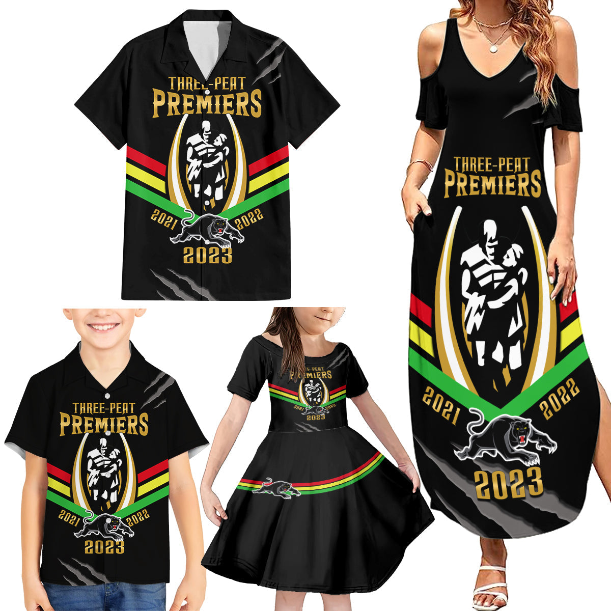 personalised-nrl-panthers-family-matching-summer-maxi-dress-and-hawaiian-shirt-premiers-2023-three-peat-proud-of-our-boys-black