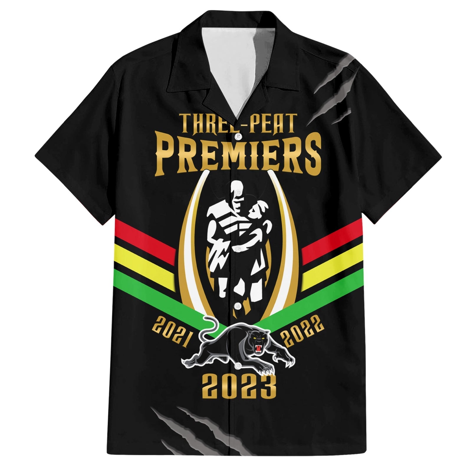 Personalised NRL Panthers Hawaiian Shirt Premiers 2023 Three Peat Proud Of Our Boys Black - Vibe Hoodie Shop
