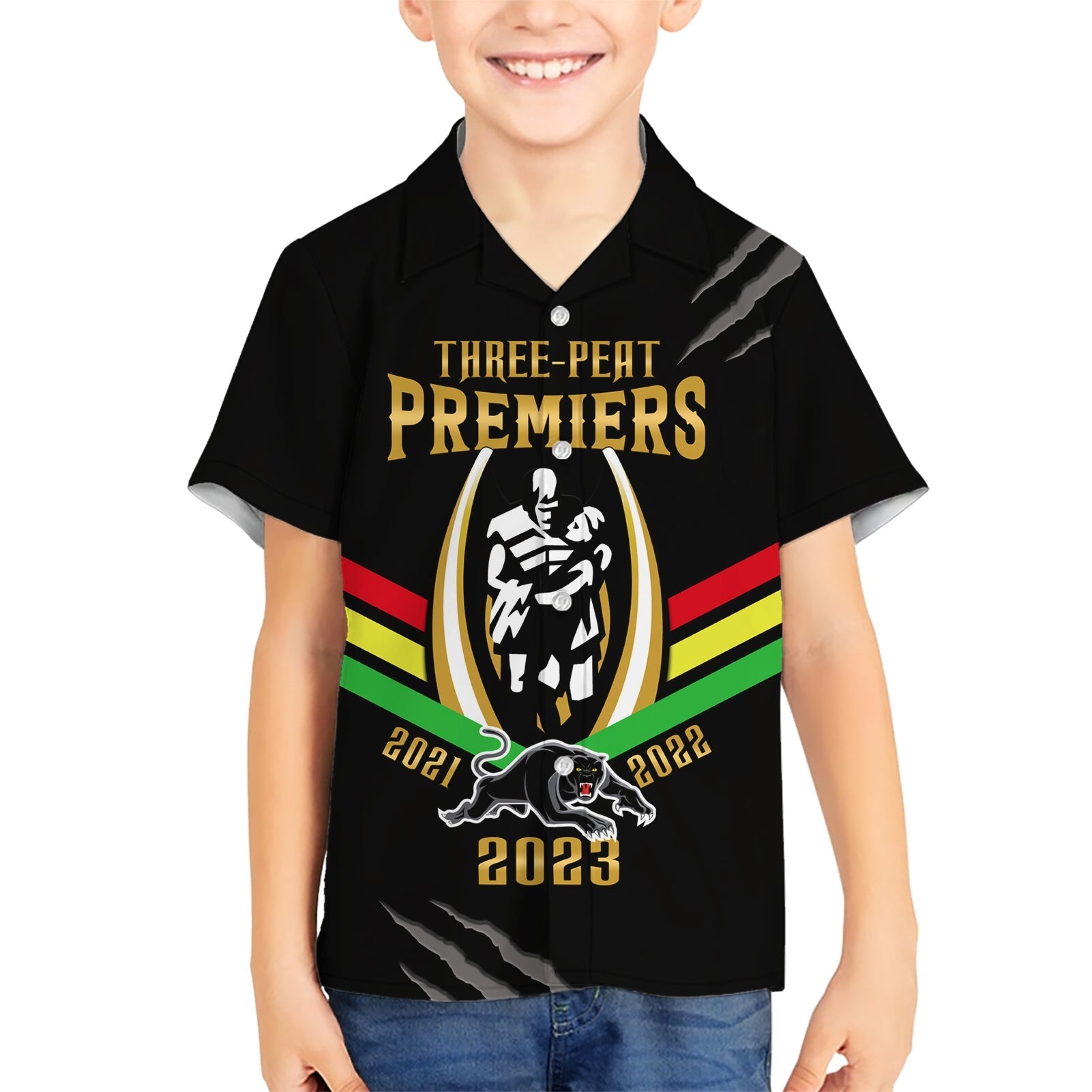 Personalised NRL Panthers Hawaiian Shirt Premiers 2023 Three Peat Proud Of Our Boys Black - Vibe Hoodie Shop