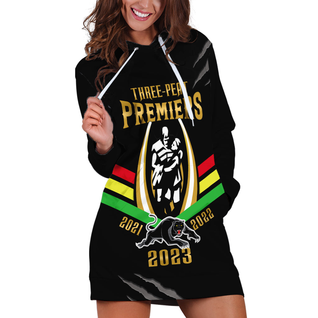 Personalised NRL Panthers Hoodie Dress Premiers 2023 Three Peat Proud Of Our Boys Black - Vibe Hoodie Shop