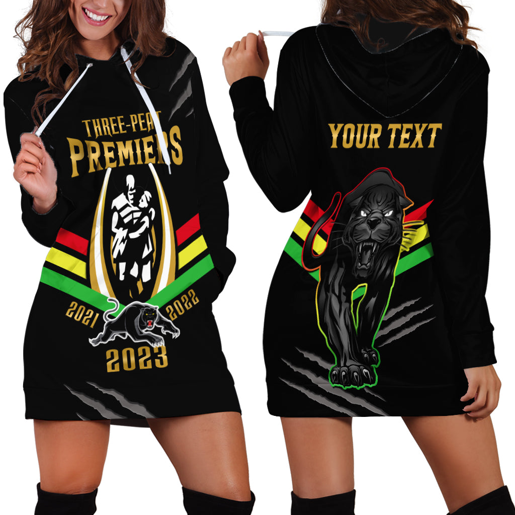 Personalised NRL Panthers Hoodie Dress Premiers 2023 Three Peat Proud Of Our Boys Black - Vibe Hoodie Shop