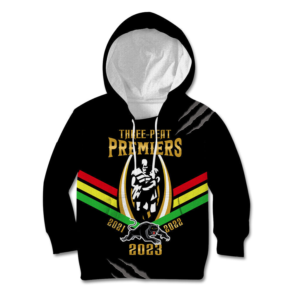 Personalised NRL Panthers Kid Hoodie Premiers 2023 Three Peat Proud Of Our Boys Black - Vibe Hoodie Shop
