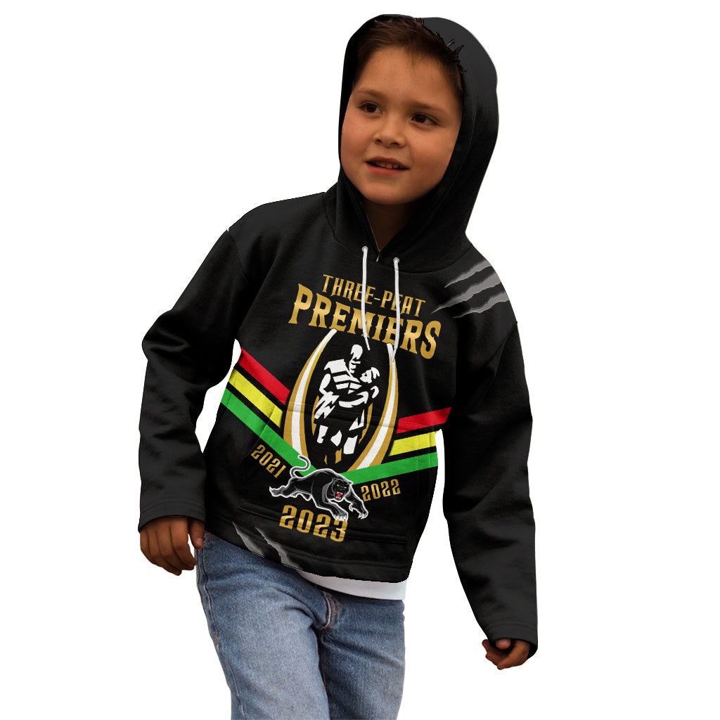 Personalised NRL Panthers Kid Hoodie Premiers 2023 Three Peat Proud Of Our Boys Black - Vibe Hoodie Shop
