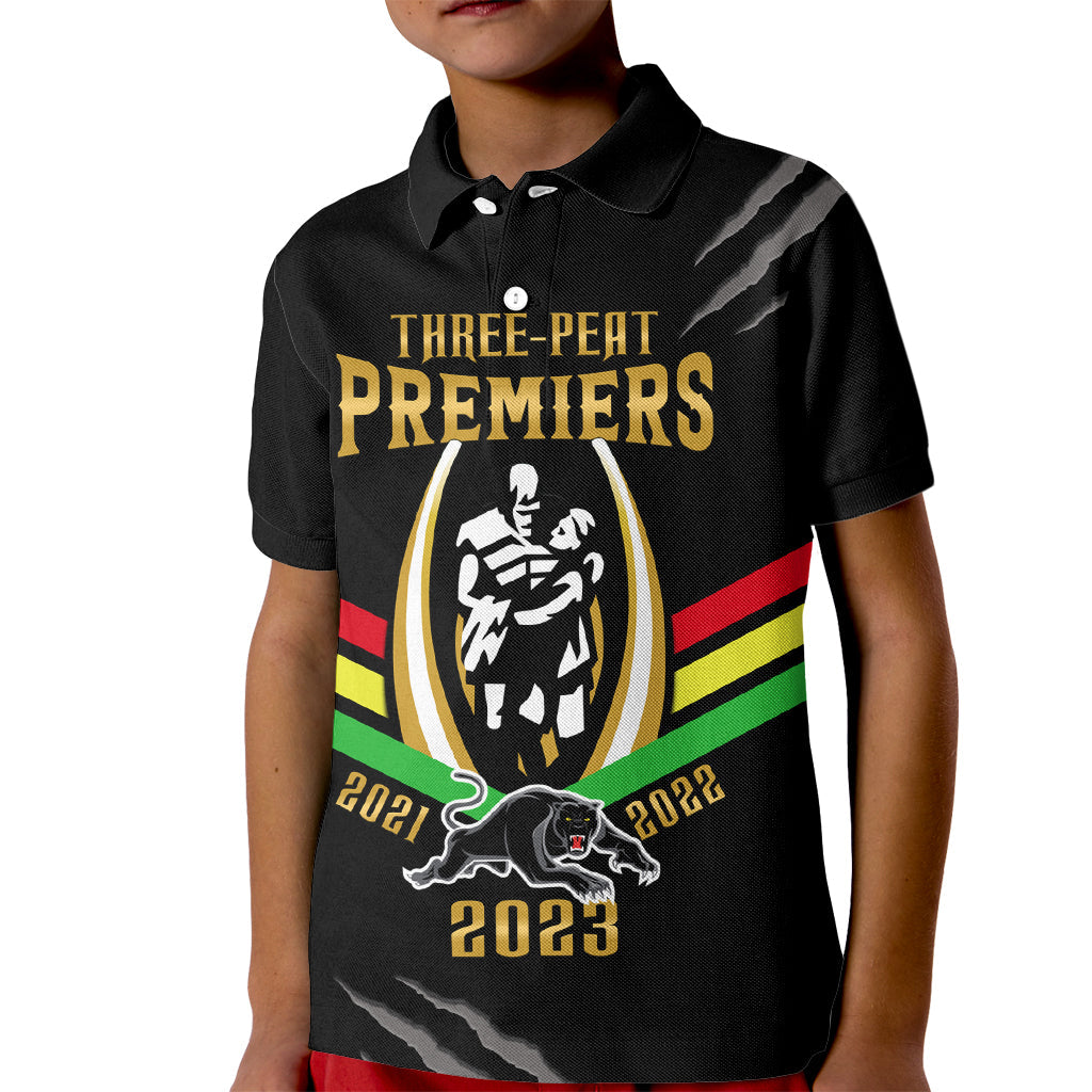 Personalised NRL Panthers Kid Polo Shirt Premiers 2023 Three Peat Proud Of Our Boys Black - Vibe Hoodie Shop