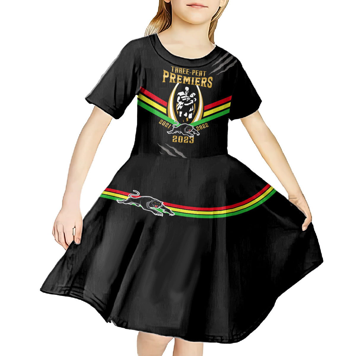 Personalised NRL Panthers Kid Short Sleeve Dress Premiers 2023 Three Peat Proud Of Our Boys Black - Vibe Hoodie Shop