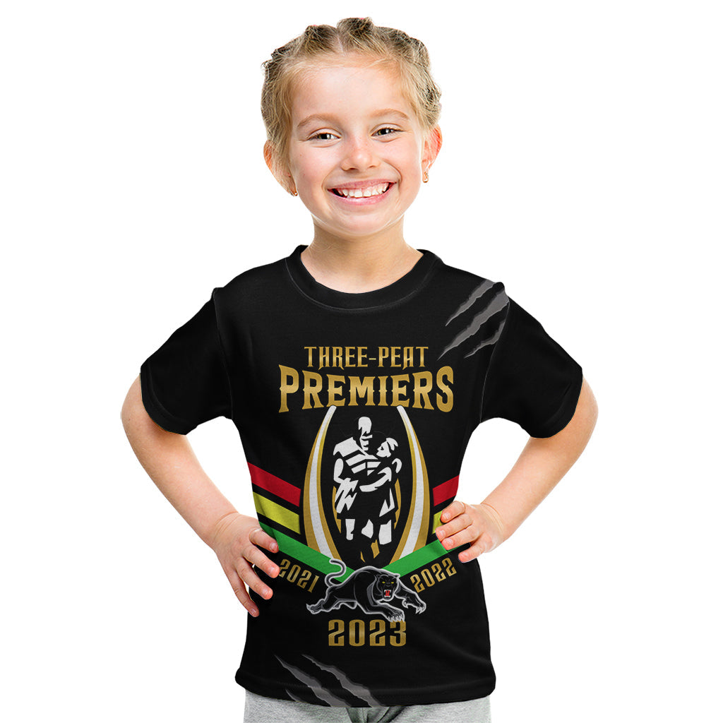 Personalised NRL Panthers Kid T Shirt Premiers 2023 Three Peat Proud Of Our Boys Black - Vibe Hoodie Shop