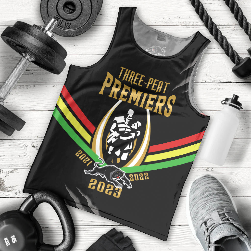 Personalised NRL Panthers Men Tank Top Premiers 2023 Three Peat Proud Of Our Boys Black - Vibe Hoodie Shop