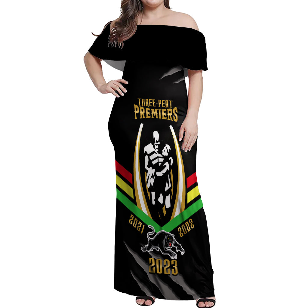 personalised-nrl-panthers-off-shoulder-maxi-dress-premiers-2023-three-peat-proud-of-our-boys-black