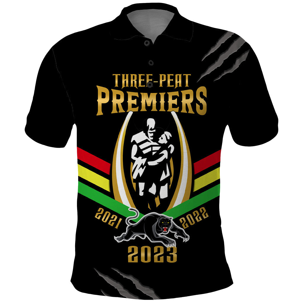 Personalised NRL Panthers Polo Shirt Premiers 2023 Three Peat Proud Of Our Boys Black - Vibe Hoodie Shop