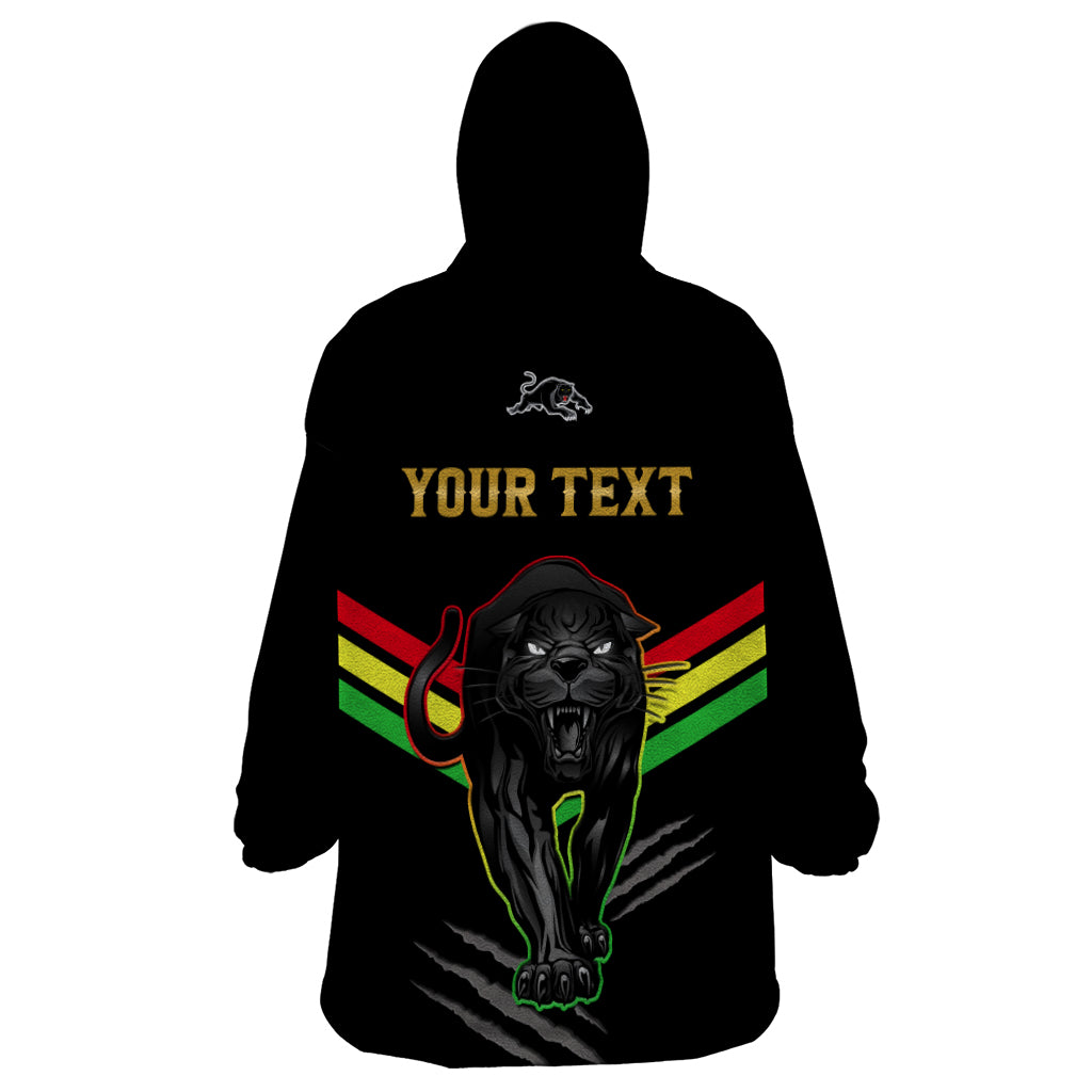 Personalised NRL Panthers Wearable Blanket Hoodie Premiers 2023 Three Peat Proud Of Our Boys Black - Vibe Hoodie Shop