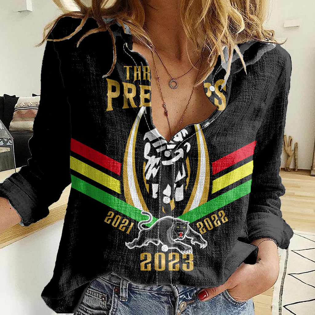 Personalised NRL Panthers Women Casual Shirt Premiers 2023 Three Peat Proud Of Our Boys Black - Vibe Hoodie Shop