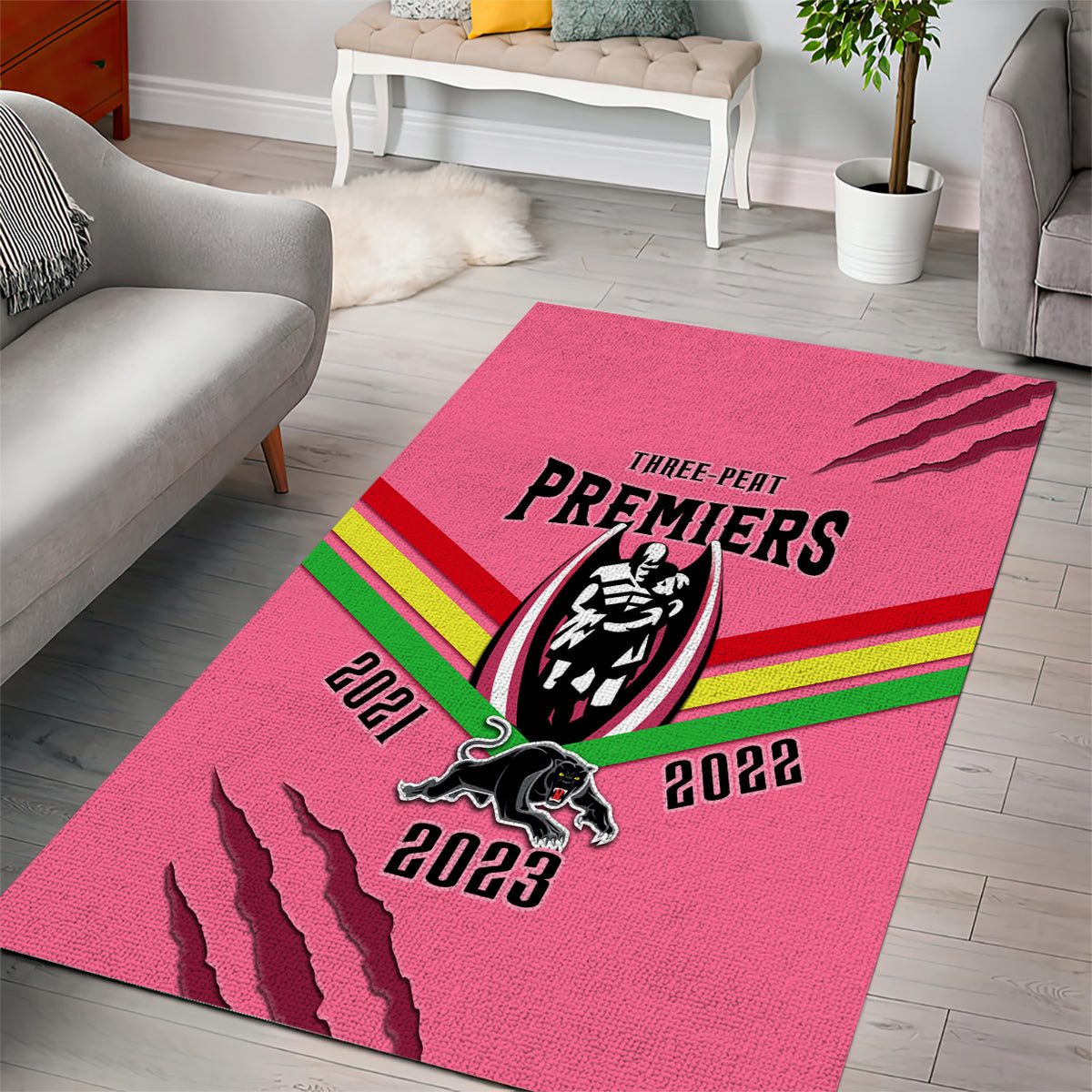 NRL Panthers Area Rug Premiers 2023 Three Peat Proud Of Our Boys Pink - Vibe Hoodie Shop